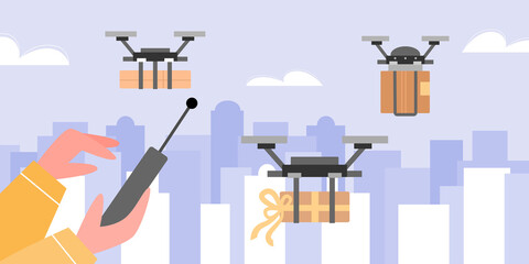 Drone delivery service. Human hands control the copters flying on cityscape background with boxes and gifts. Smart technology delivery of packages to customers. Vector illustration