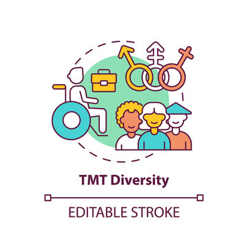 Tmt Diversity Concept Icon. Top Management Team Analysis Criteria. People With Various Racial Backgrounds. Job Idea Thin Line Illustration. Vector Isolated Outline RGB Color Drawing. Editable Stroke