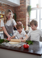 Cheerful and joyful boys and their young mother cook a pizza and learn to cook in kitchen in daytime.