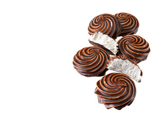 Chocolate-covered marshmallow close-up, isolated on a white background.Selective focus.