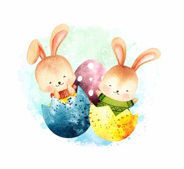 Two Easter rabbits in Easter eggs