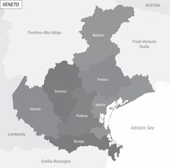 The Veneto grayscale map divided in administrative areas with labels, Italy