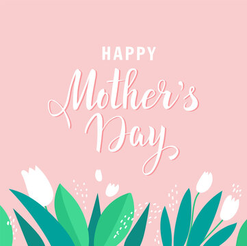 Happy Mother's day banner design template with hand-drawn lettering and floral elements on pink background. - Vector illustration