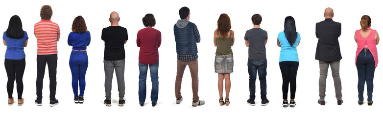 Obraz premium rear view of a group of woman and men with arms crossed on white background