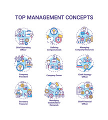 Top management concept icons set. Managing stakeholders demands. Chief executive manager. Organization idea thin line RGB color illustrations. Vector isolated outline drawings. Editable stroke