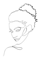 Woman beauty. Abstract african amerivcan female portrait, continuous line style. Minimalist fashion design, quick sketch, vector illustration for t-shirt, prints, covers, posters, logo, tattoo