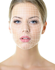 Grid of lines showing facial lifting effect on skin of beautiful young woman with healthy face and...