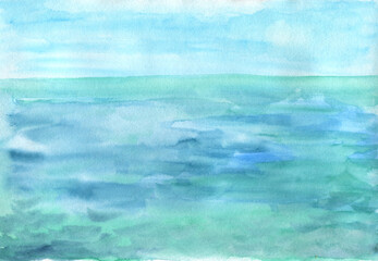 Wave, Water, Watercolor landscape,nature, ecology, beach, summer, Watercolor ,landscape, shore, wave, beach,blue water,Boat, Ocean,
