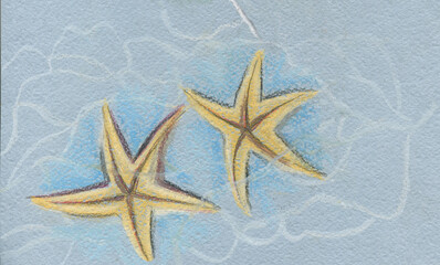 Fototapeta na wymiar Ocean, starfish, sand, beach,Background, Watercolor ,graphics, seabed, Water, Sea, beach, 