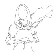 Superwoman, abstract female portrait, continuous line style. Young woman opening her shirt like a superhero. Super girl, minimalist fashion design, quick sketch.