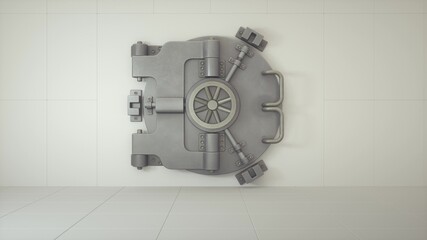 Front view of the door of a bank vault on white background. 3d illustration