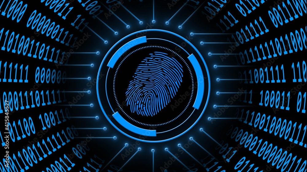 Poster fingerprint logo centered into hud elements with information connecting lines - binary code arranged