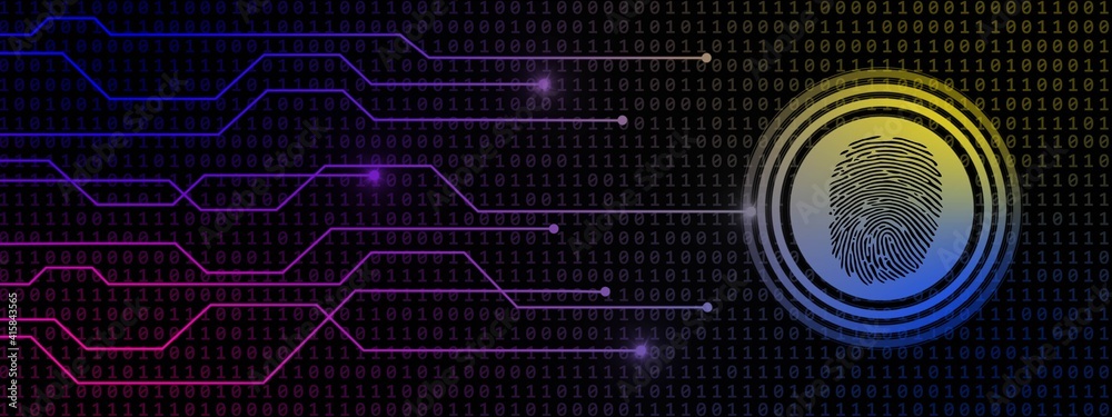 Poster fingerprint logo with information connecting lines on binary code background - scanning identificati