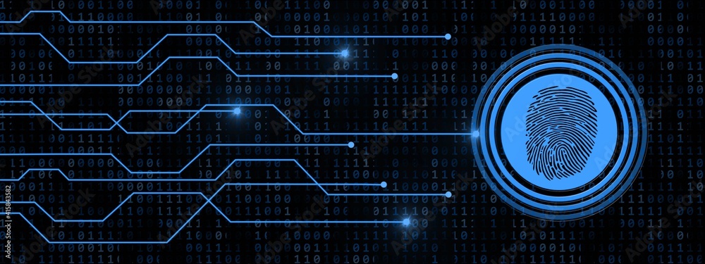 Poster fingerprint logo with information connecting lines on binary code background - scanning identificati