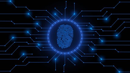 Fingerprint logo centered into information connecting lines on black background - scanning identification system by biometric authorization - cyber or business security concept - 3D Illustration