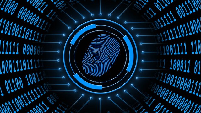 Fingerprint logo centered into hud elements with information connecting lines - binary code arranged in cylinder shape - graphic elements in blue on black background - scanning biometric authorization