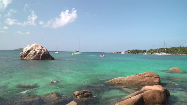 Granite rocks on the coast of Praslin Island Seychelles