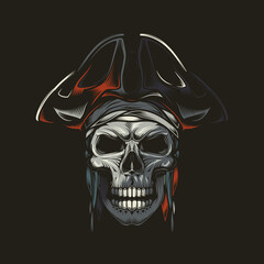 A pirate's skull in a cocked hat. Original vector illustration in vintage style.