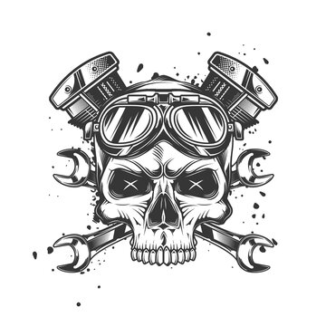 Skull in motorcycle glasses on the background of wrenches and engine. Vintage vector illustration. T-shirt design, emblems