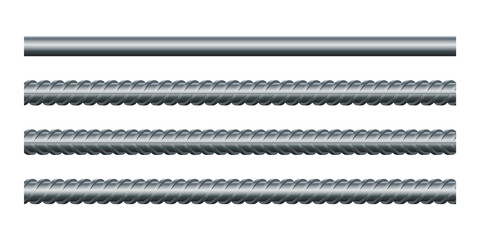 Vector illustration seamless steel rebars on white background. Set of realistic metal rods and bars for building and construction. Endless rebars. Metal reinforcement steel. Construction armature.