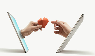 Concept of relationship via modern means of communication. Dating app. Isolated on white.