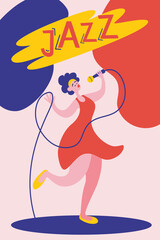 Poster or flyer template for jazz music performance with female singer. Young beautiful girl sings into the microphone. Jazz Festival. Flat vector illustration in contemporary art style.