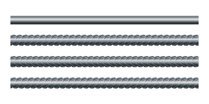 Vector illustration seamless steel rebars on white background. Set of realistic metal rods and bars for building and construction. Endless rebars. Metal reinforcement steel. Construction armature.