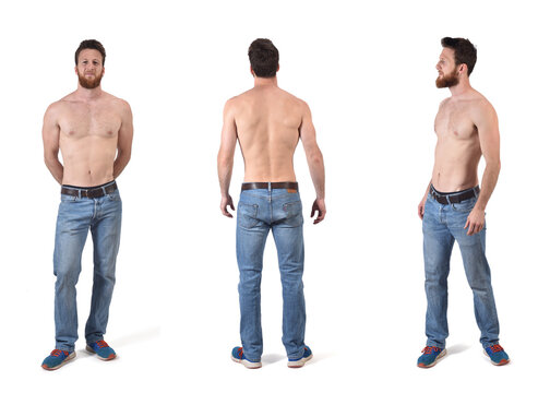 front, back and side view of a man shirtless and with blue jeans on white background