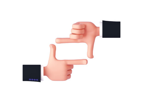 3d render, cartoon hands making finger frame gesture for focus, looking or pointing concept. Isolated on white background.