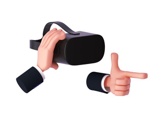 3d render, cartoon hand Holding Virtual Reality Headset or Glasses and showing gun gesture. Isolated on white background.