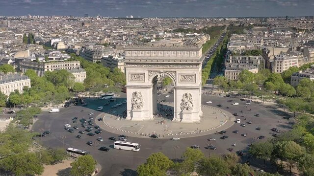 summer day paris city flight over famous traffic circle triumph arch square aerial panorama 4k france