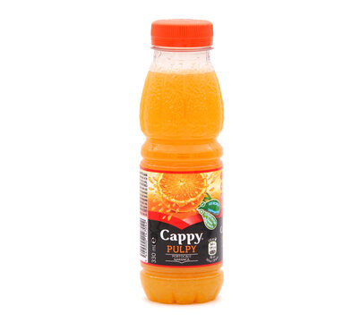 BUCHAREST, ROMANIA - JANUARY 16, 2020. Bottle of Cappy Pulpy Orange fruit juice isolated on white 