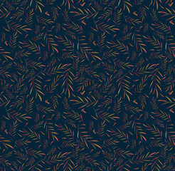 Composition with small foliage on a blue background. Elegant gradient holographic botanical collection. Graceful tropical elements. Summer garden. For textiles, wallpapers and backgrounds.