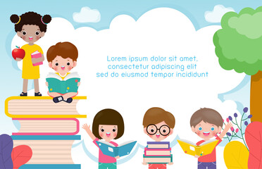 back to school with school kids reading book education concept, cartoon happy children background banner Template for advertising brochure, your text, child and frame isolated Vector Illustration