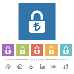 Locked lira flat white icons in square backgrounds