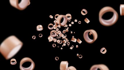 Flying many rolls of packing tapes on black background. Adhesive paper tape. 3D loop animation of duct tape rotating. - Powered by Adobe