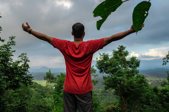 Boy Solo Traveller Isolated At Deep Green Forests