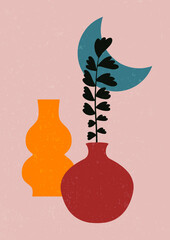 Contemporary floral vase poster. Abstract minimal wallpaper, pottery with flowers, botanical wall decor. Vector illustration