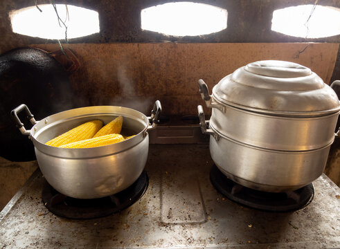 Yellow Corn That Was Freshly Picked From Farms Being Boiled With Hot Water Ready To Sprinkle With Salt In A Large Pot Simple Kitchen Interior Villagers Who Can Make Their Meals In Our Own Home