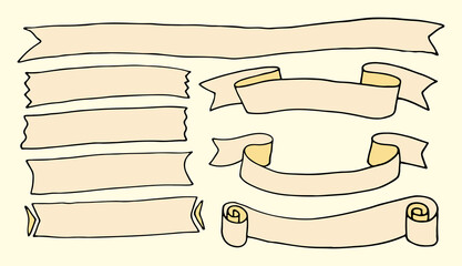 Set of hand drawn ribbons in colored Doodle style. Flags. For vintage postcards, banners, labels, notebooks. Vector EPS 10