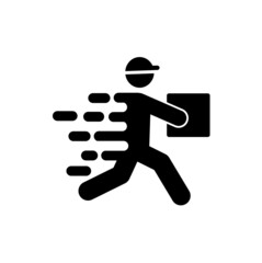 Running delivery man holding box icon.