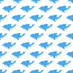 Seamless pattern with blue funny dolphin. Vector background. Baby fabric textile. Summer backdrop. For wrapping, package product, t shirt clothes print.