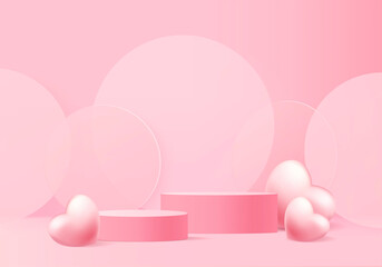 3d background products valentine podium in love platform. heart background vector 3d rendering with cylinder. podium stand to show cosmetic product. Stage romance showcase on pedestal pink love studio