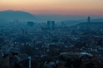 Colorful sky and sunset over Sarajevo. City of Sarajevo before night. Sarajevo, Bosnia and Herzegovina.