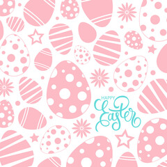 Happy Easter celebrate card with handwritten easter holiday greetings and pink easter eggs. Vector illustration.