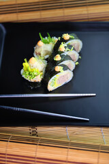 poultry sushi served in a colorful and appetizing way