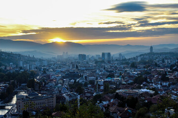 Sunset and Sarajevo. Panorama of the city of Sarajevo during sunset. City of Sarajevo.