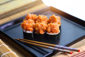 fish tartare served in the form of sushi