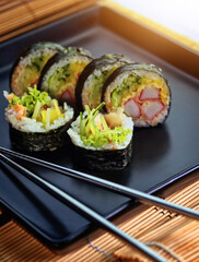 sushi roll on a black plate ready to be served