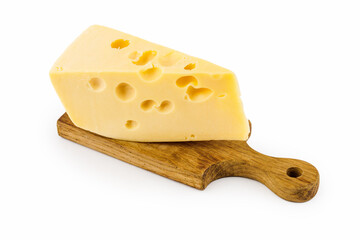 cheese on a cutting board, isolated on a white background.
